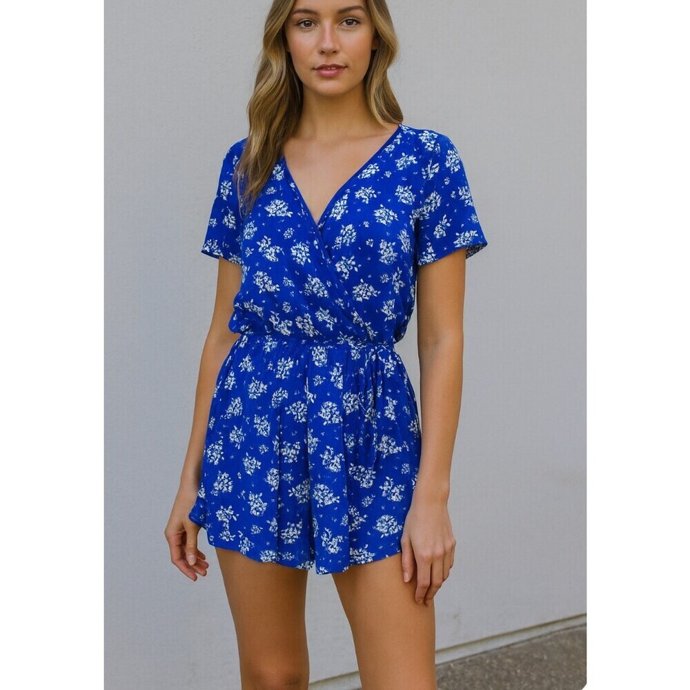 One Clothing Los Angeles Floral Romper-SZ SM blue wrap top ruffle trim one piece